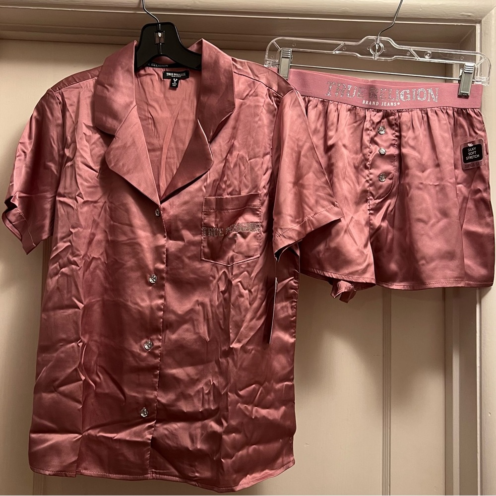 True Religion Pink Stretch Satin Boxer Pajamas with Notch Collar Button down Top - Picture 3 of 16